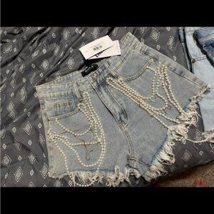 Hope's Blue Jean Shorts with Pearl Embellishments